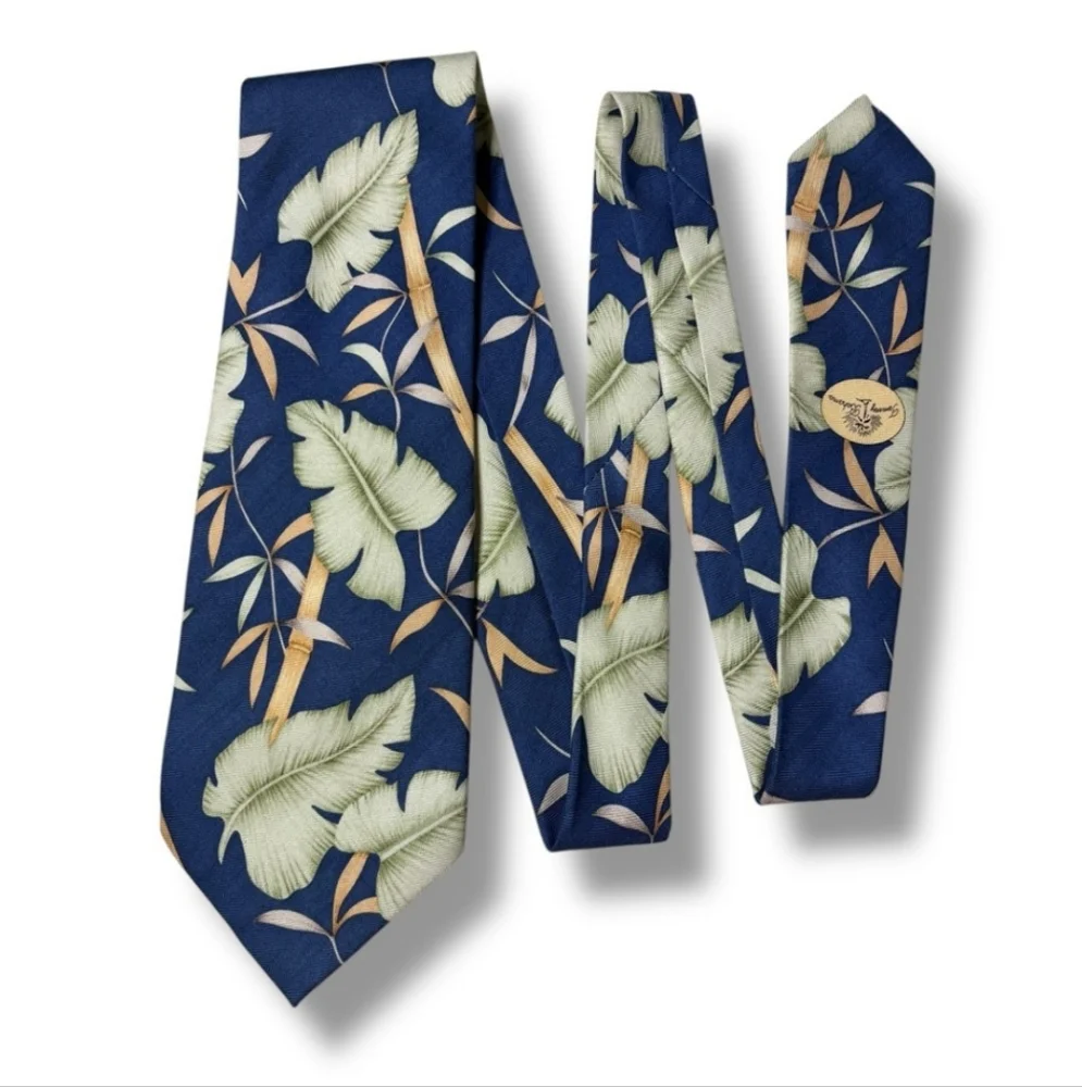 TOMMY BAHAMA Blue Silk Print Tie Tropical Plants Pattern